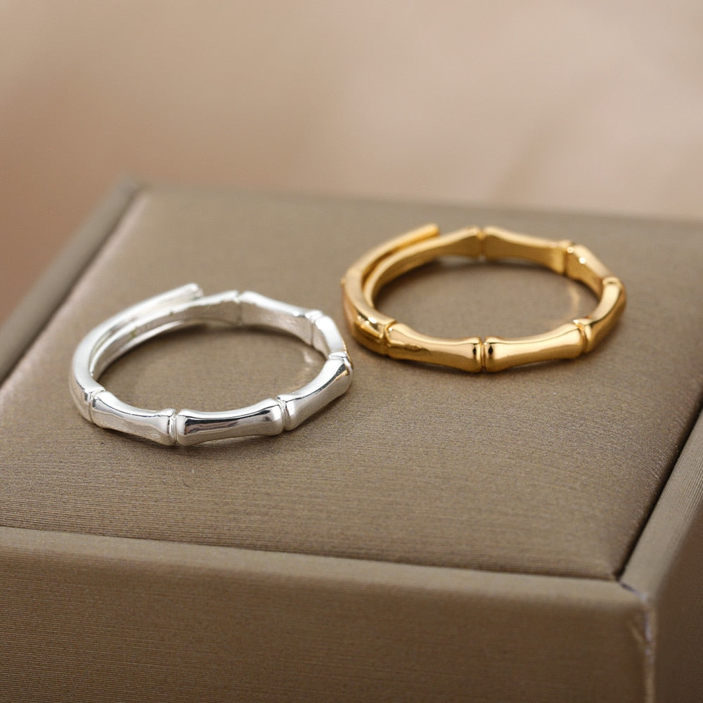 Stainless Steel Bamboo Joint Rings For Women Men Gold Color Adjustable Male image 2