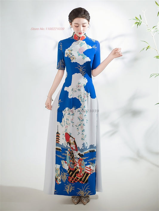 2024 vietnam traditional dress ao dai national flower print cheongsam oriental  image 0