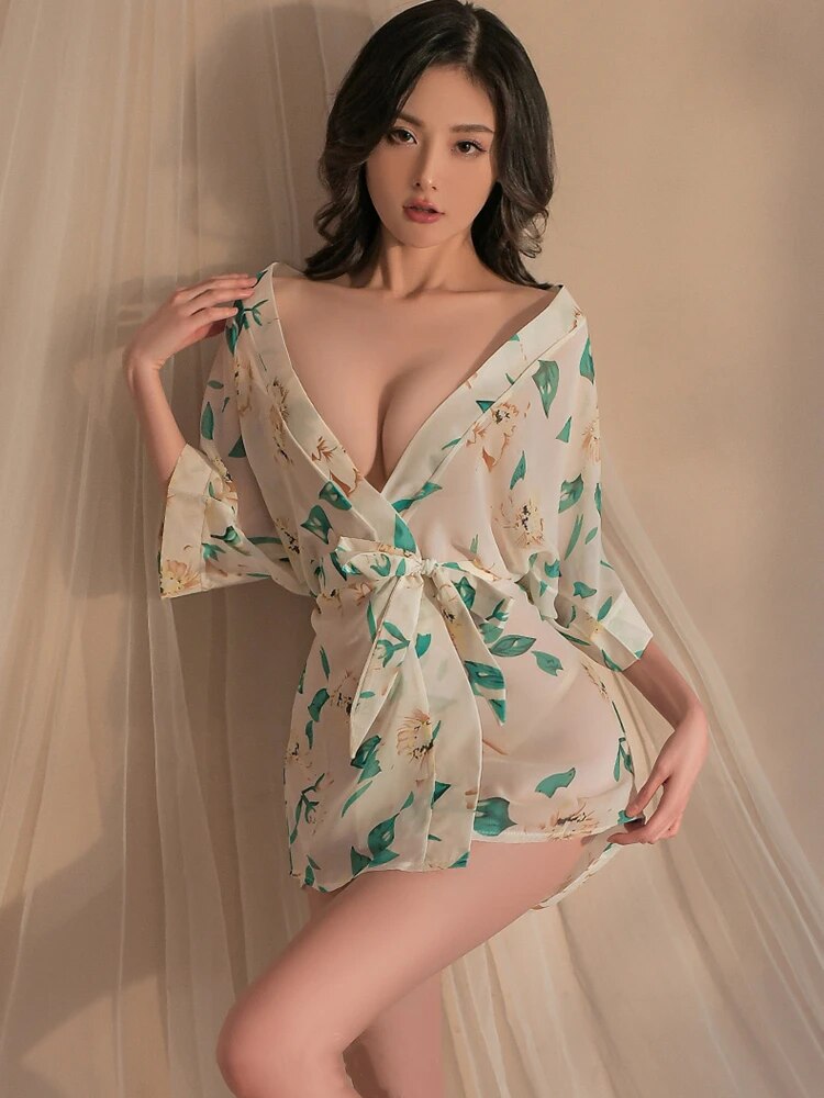 Japanese Kimono Lingerie Women's Chiffon Printing Nighties See-through Ski image 4