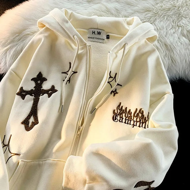 Gothic Embroidery Retro Hoodies Women Harajuku Long Sleeve Zip Up Loose Hooded image 3