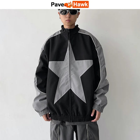 Retro Bomber Jacket Men Women Five-pointed Star Patchwork High Street Varsity C image 0