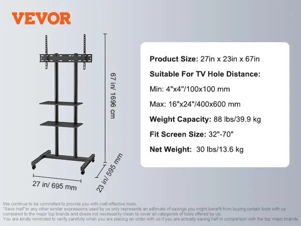 VEVOR Mobile TV Stand Height Adjustable TV Stand with Wheels Double Tray for Au image 0