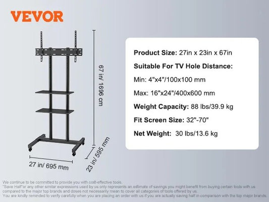 VEVOR Mobile TV Stand Height Adjustable TV Stand with Wheels Double Tray for Au image 0
