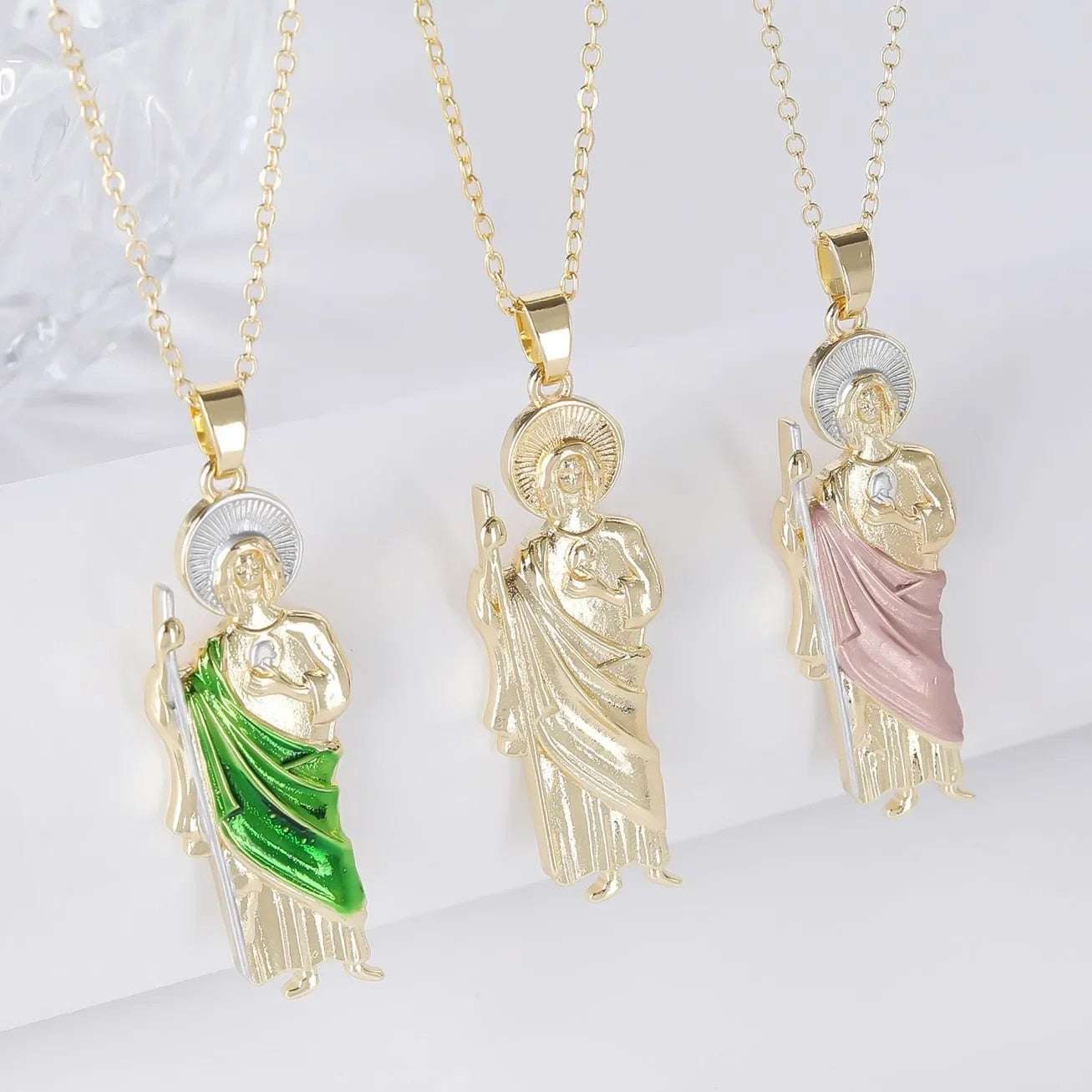 Green Pink Gold Color San Judas Tadeo Pendant Necklace 3 Sizes Gold Necklace fo image 1