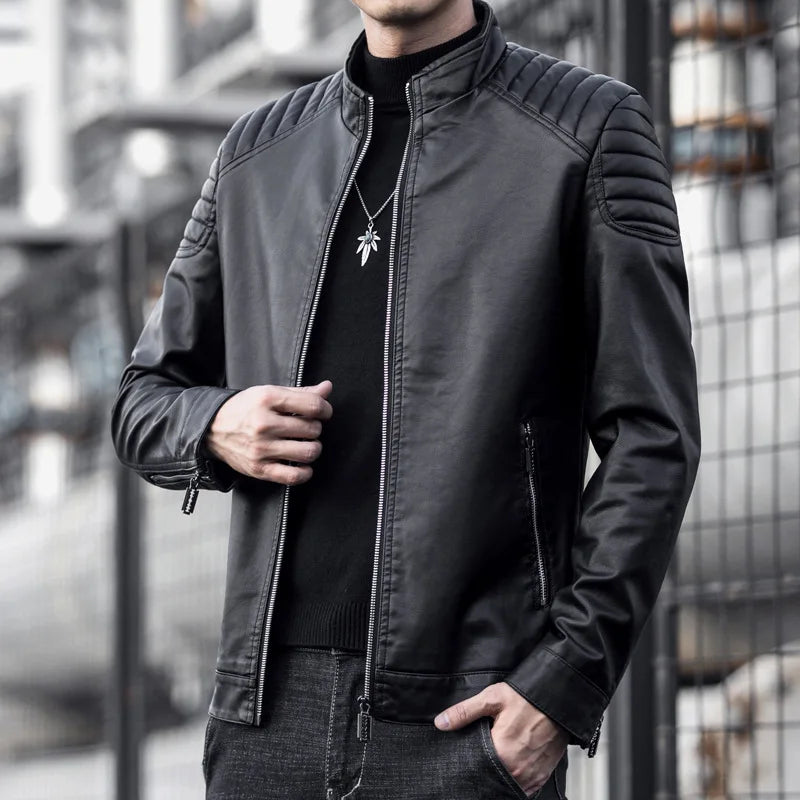 Motorcycle PU Leather Jacket Men Winter Leahter Jacket Male Stand Collar Casual image 5