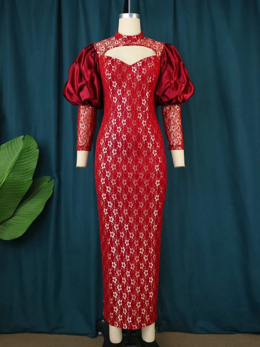 Plus Size Long Sleeves Dresses Women Bodycon Party Gold Lace Robes Patchwork El image 0