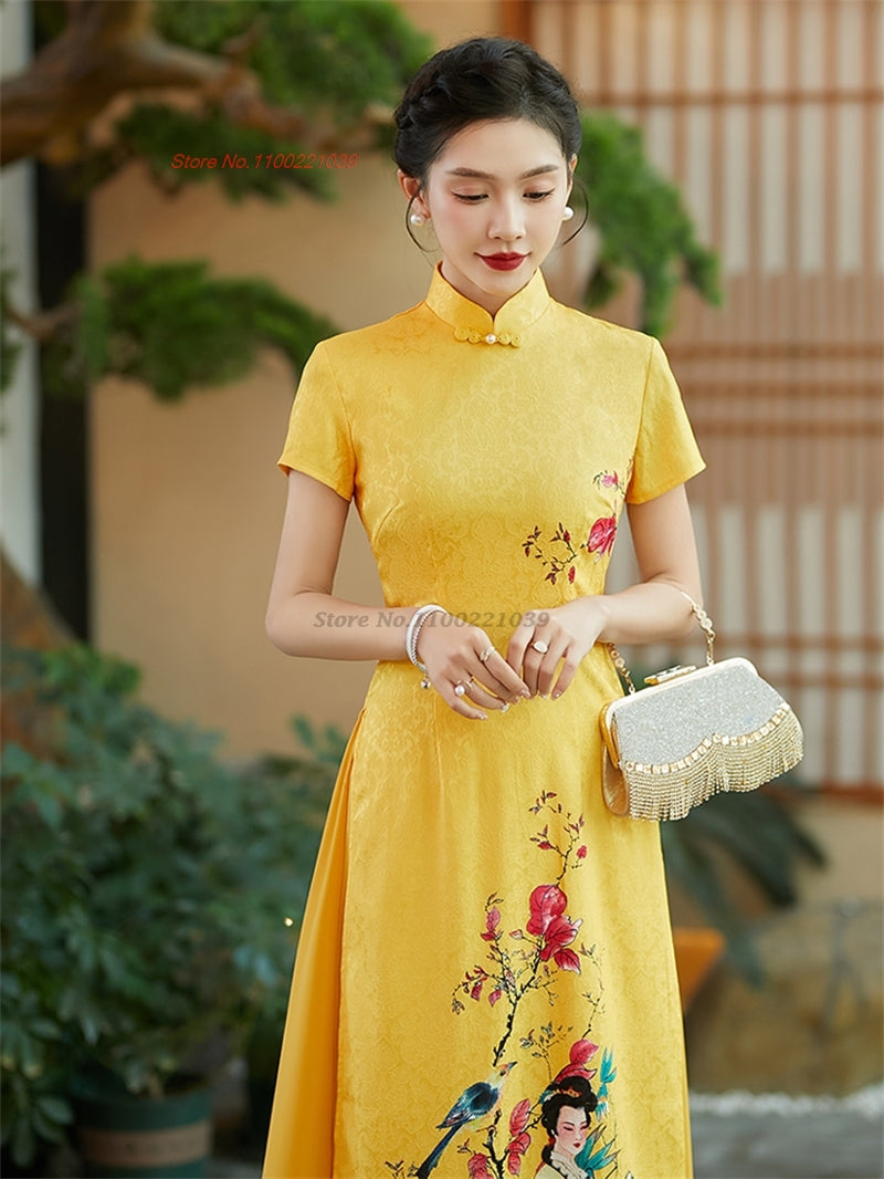 2024 vietnamese aodai improved cheongsam dress qipao national flower print qipa image 2