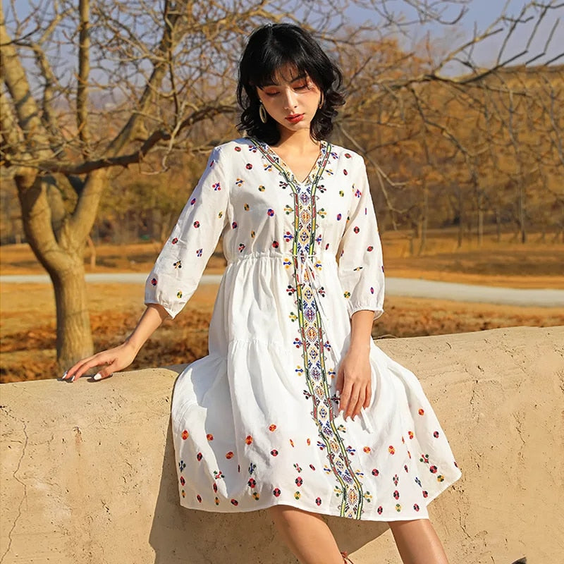 Vintage Cotton Embroidery Floral Casual Loose Lace Up Boho Beach Mini Dress Wom image 2
