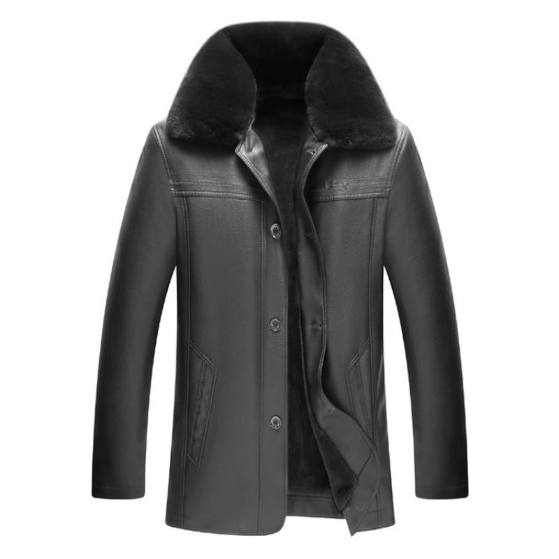 Winter Fur Collar Leather Jacket Men's Button Pu Leather Men Large Size Loose P image 1