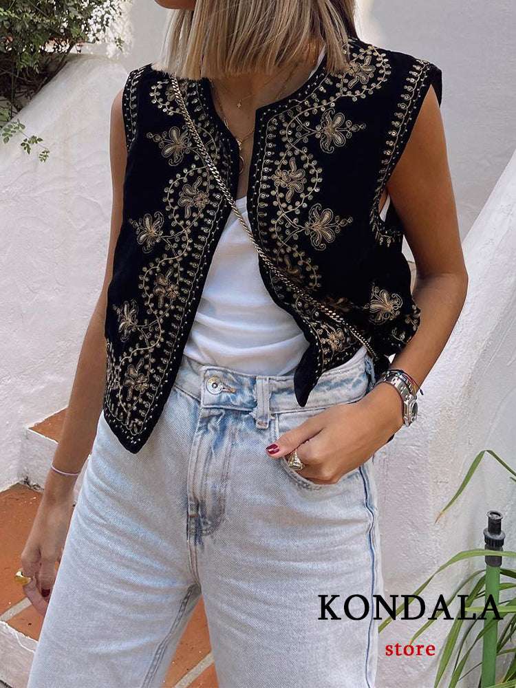 KONDALA Vintage Autumn Velvet Embroidery Vest Jackets Women V Neck Sleeveless B image 3