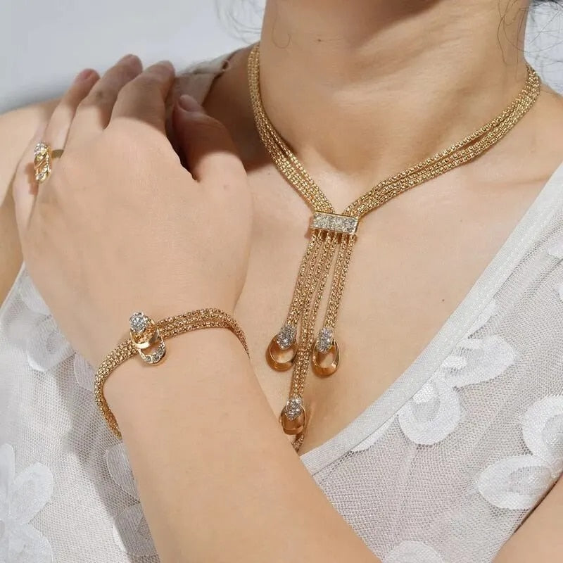 4Pcs Jewelry Set Rings Necklace Earrings Bracelet High Performance Golden Jewel image 2