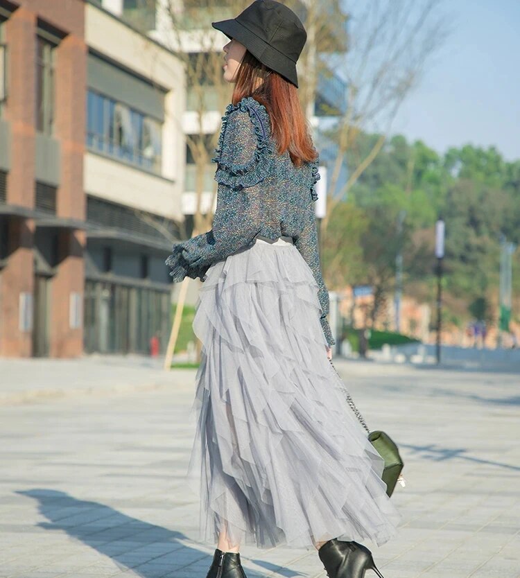 Tutu Tulle Long Maxi Skirt Women Fashion Korean Cute Pink High Waist Pleated Sk image 0