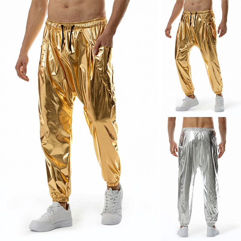 Men's Metal Shiny Jogging Pants Night Club Disco Party Elastic Pants Gold Silver image 1