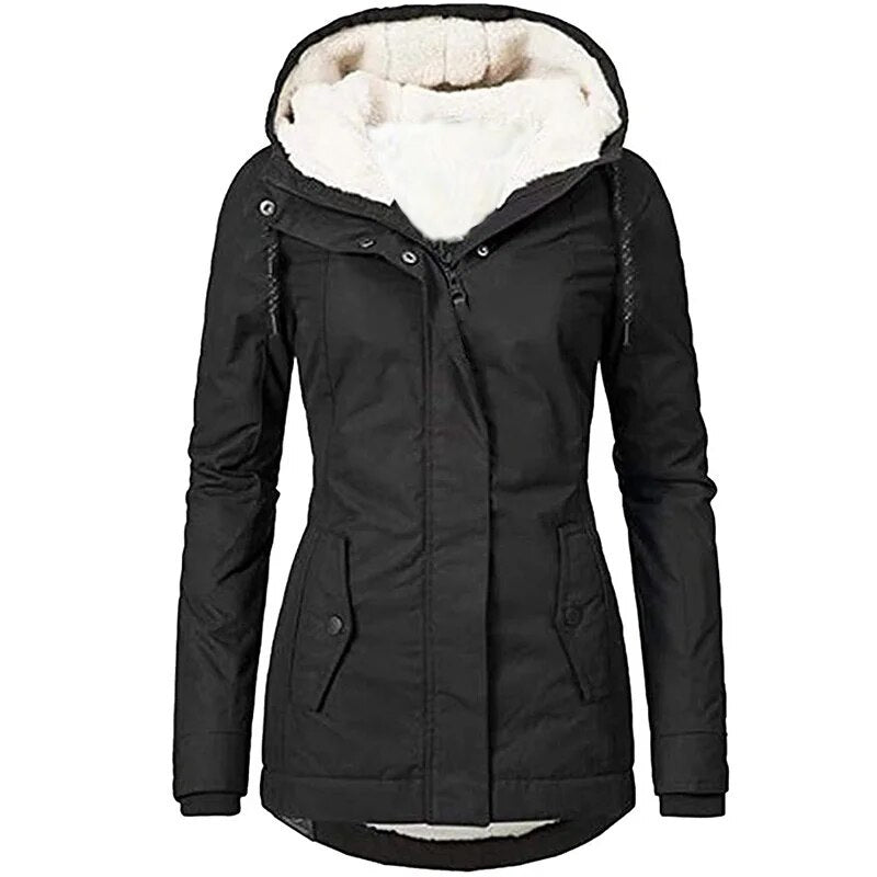 Women's Winter Coat Warm Solid Plush Thickened Long Jacket Outdoor Hiking Hoode image 1
