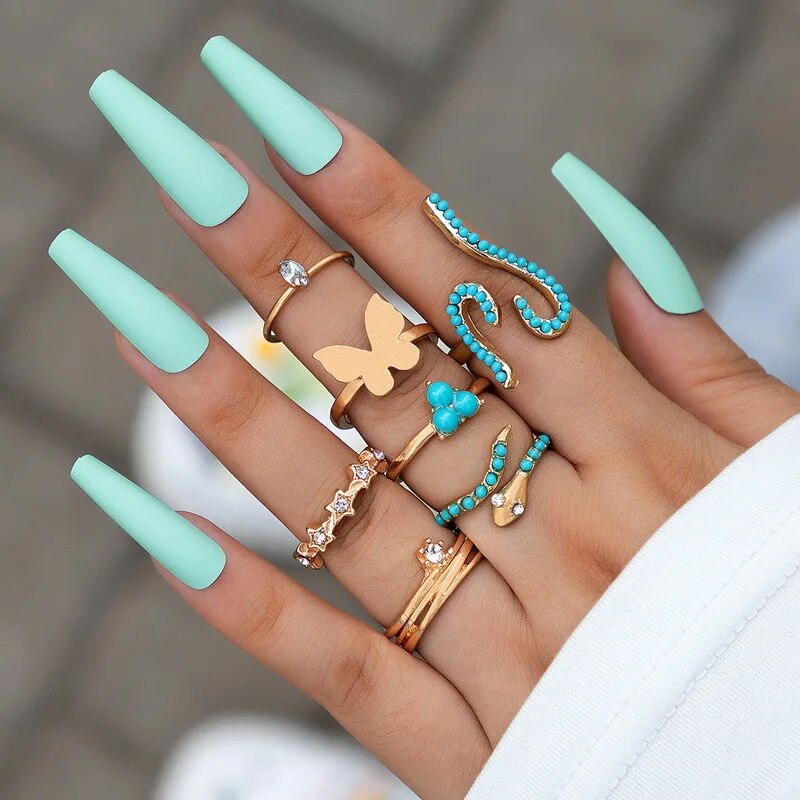 Colorful Crystal Snake Shape Ring Set For Women Fashion Butterfly Heart Gold Co image 12