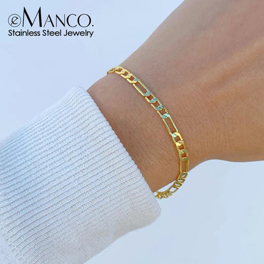 eManco 4/6/8MM Figaro Stainless Steel Link Chain Bracelet Gold Color Charm Brac image 0