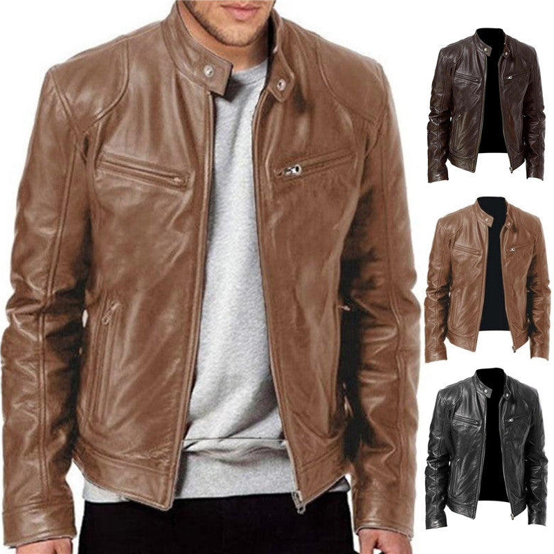 2023 Mens Fashion Leather Jacket Slim Fit Stand Collar PU Jacket Male Anti-wind image 1