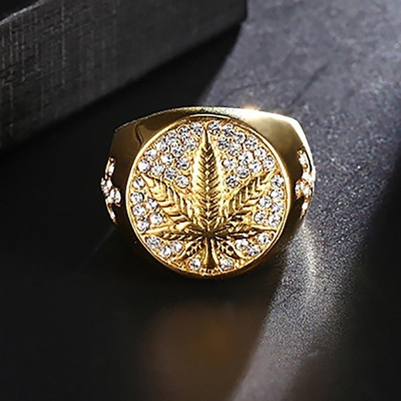 Business Men's Gold Color Carved Golden Maple Leaf Rings for Men Punk Inlaid wi image 4