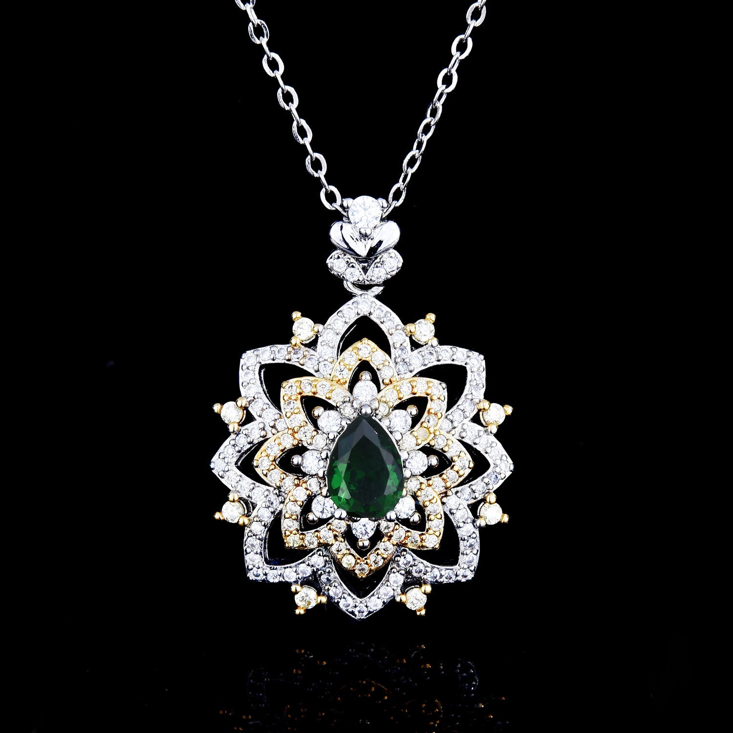 18K Multi Gold Necklace for Women Natural Emerald Diamond with Diamond Pendants image 2