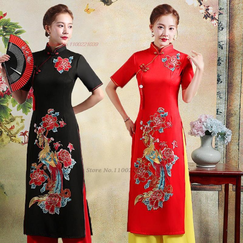 2024 woman vintage aodai vietnam traditional flower embroidery vietnam robes an image 3
