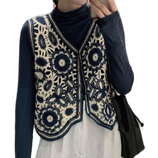 Women Spring Crochet Sleeveless Sweater Vest Waistcoat V-Neck Button Down Hollo image 0