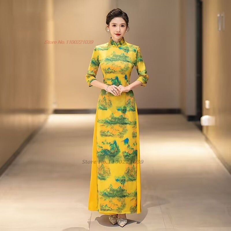 2024 chinese improved qipao dress vintage flower print cheongsam vietnam ao dai image 1