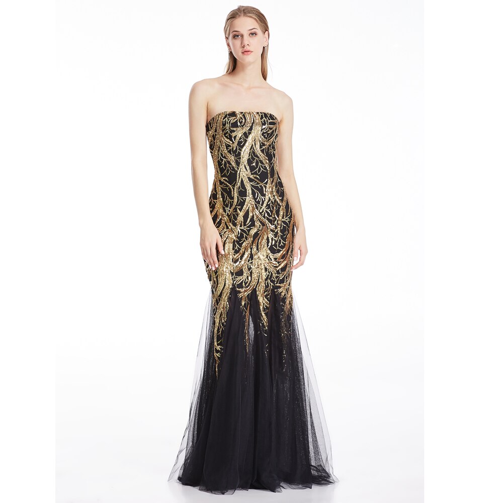 Angel-fashions Strapless Gold Sequin Zipper Side Evening Dresses Lace Up Back image 5