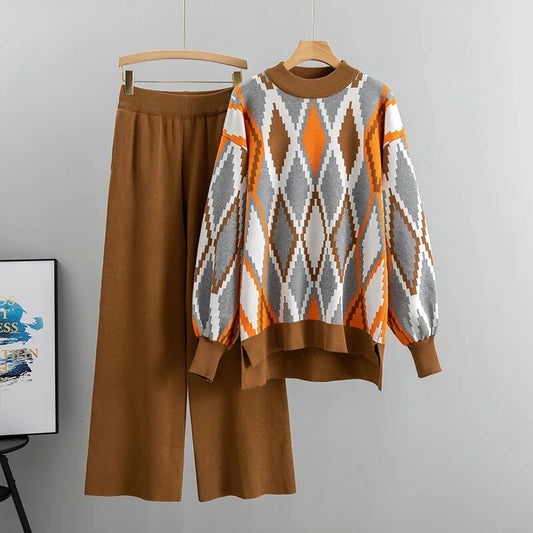 Loose Knitted Two Piece Women Sets Casual Loungewear Knit Sweater Pants Suit Wi image 0