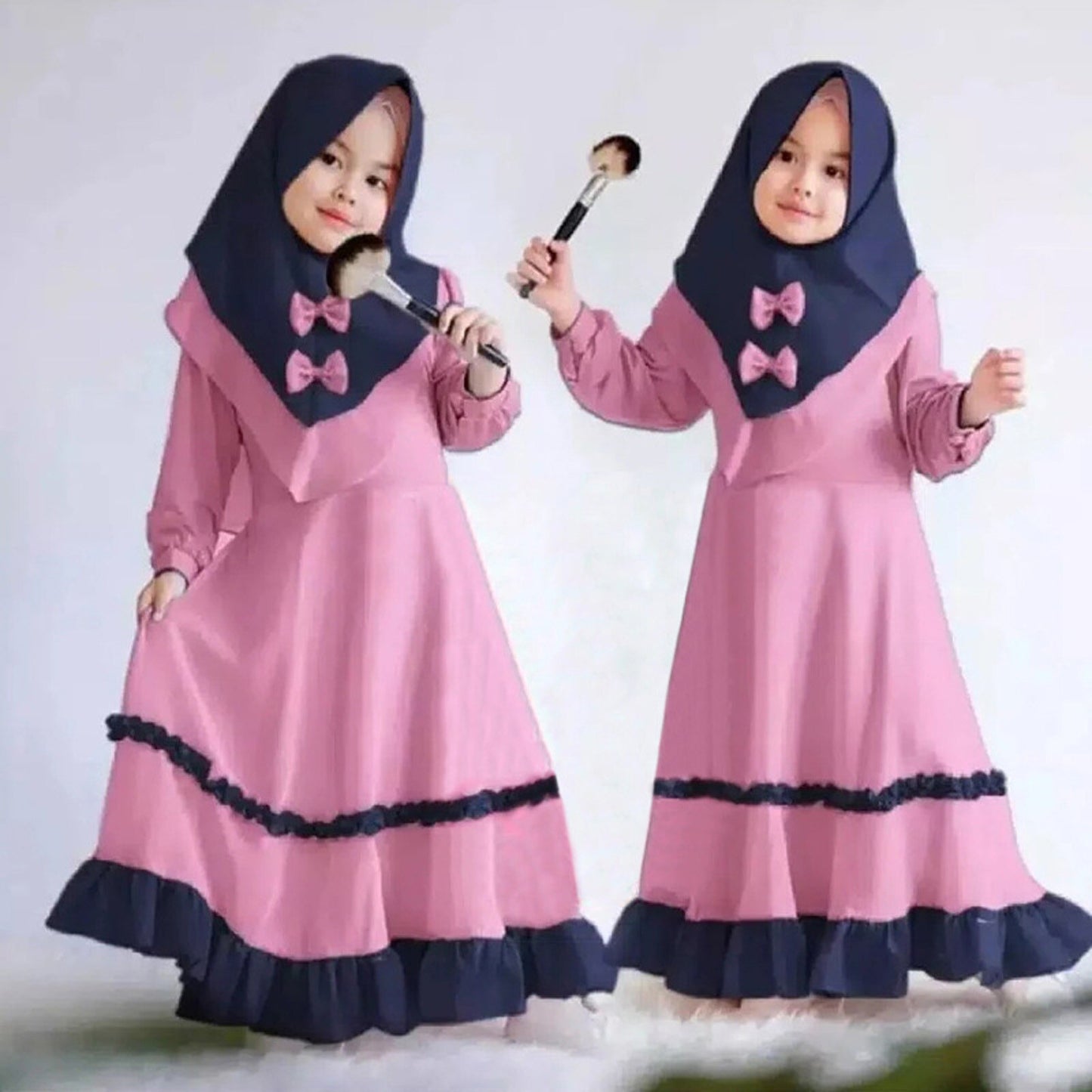Muslim 2 Pieces Set Girls Princess Dress Kids Abaya Hijab Islamic Children Pray image 8