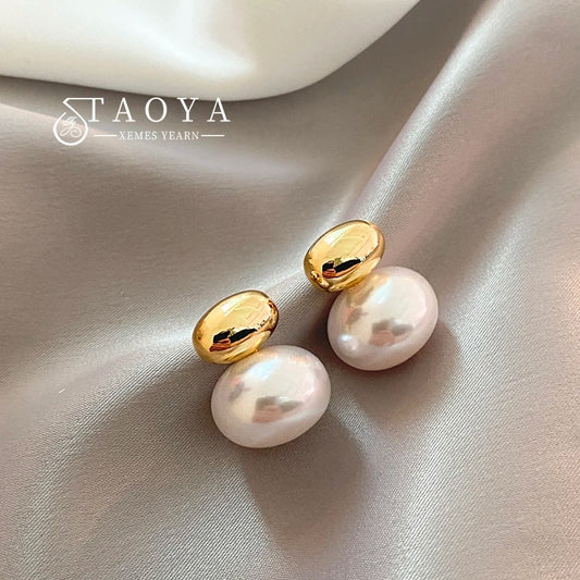 2023 New French Elegant Gold Color Bean Spliced Flat Pearl Earrings for Korean image 0