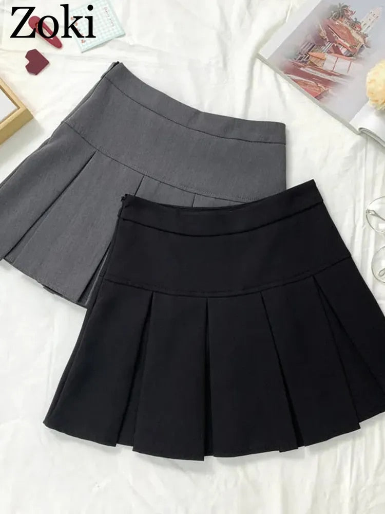 ZOKI  Vintage Gray Pleated Skirt Women Kawaii High Waist Mini Skirts Korean Fas image 5
