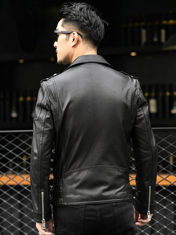 Spring Autumn Short Cool Black Leather Biker Jacket Men Zipper Long Sleeve Belt image 0