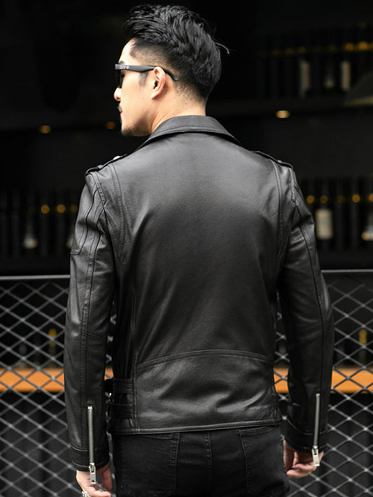 Spring Autumn Short Cool Black Leather Biker Jacket Men Zipper Long Sleeve Belt image 0
