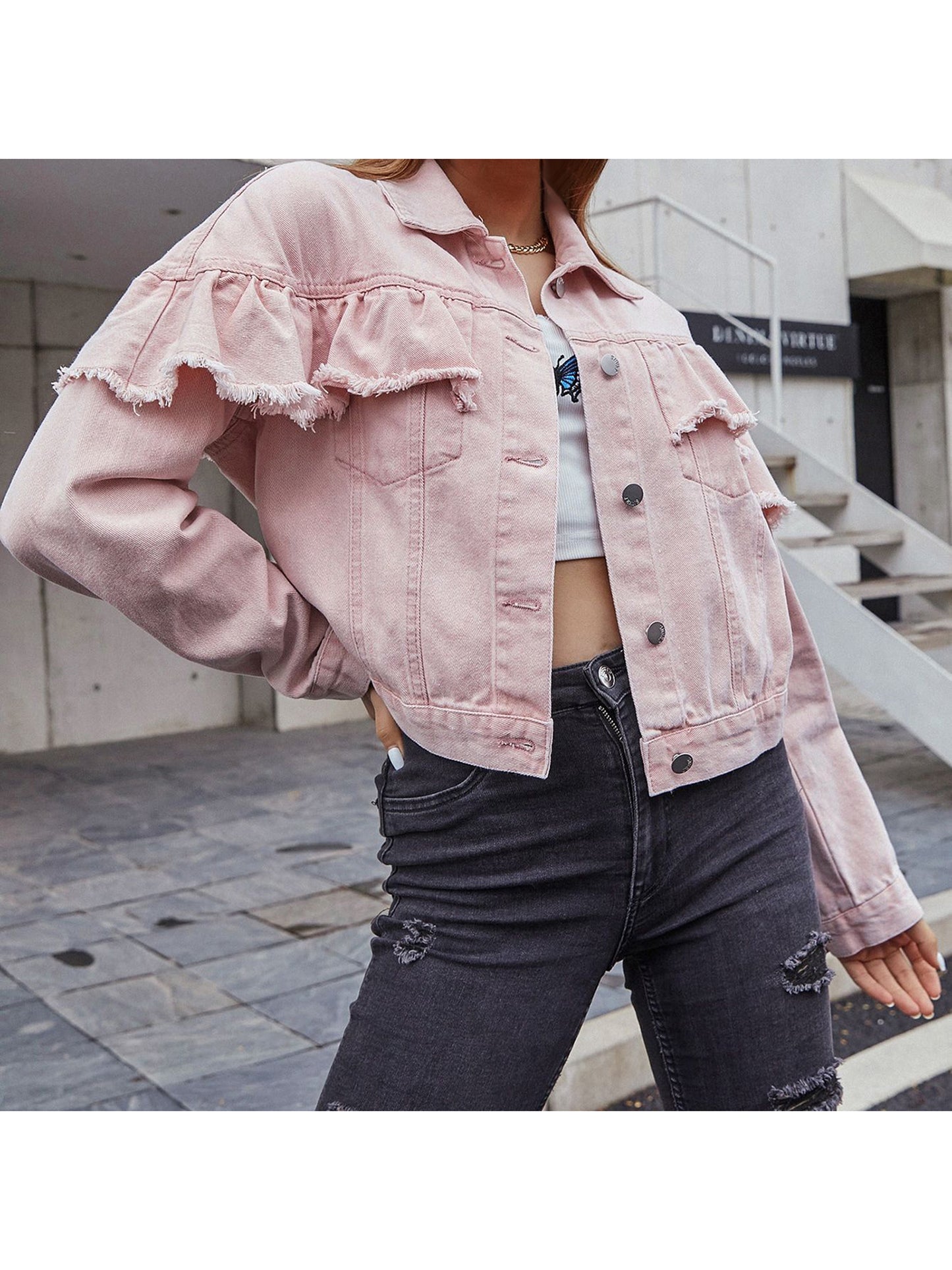 Ladies Frilled Denim Coat with Long Sleeves Collared Neckline and Button Closur image 2