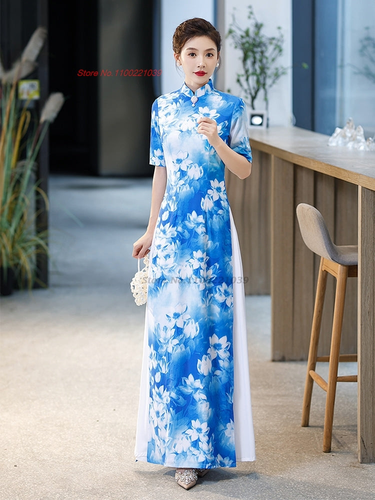 2024 chinese improved qipao dress vintage flower print vietnam ao dai dress ele image 1