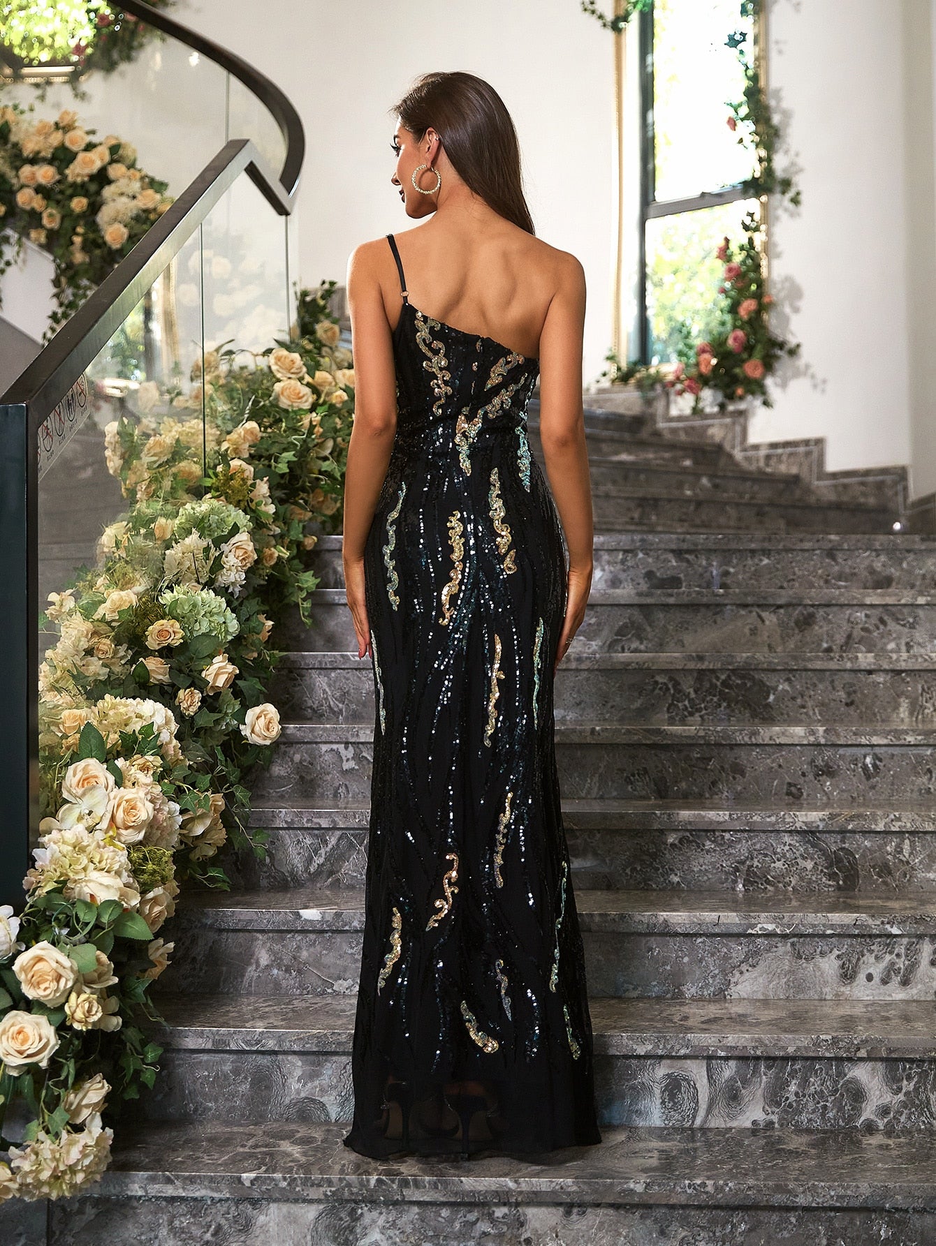 Angel-fashions Women's One Shoulder Golden Pattern Sequin Long Sheath Black Eve image 1