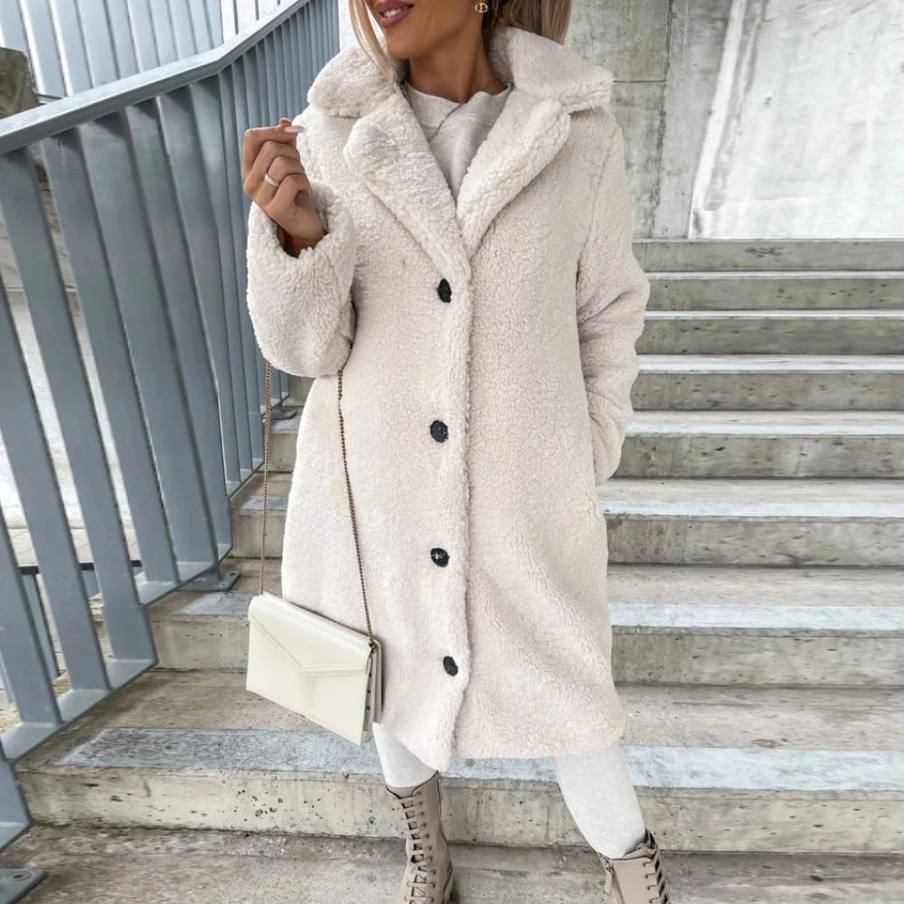 Fall/Winter New Flannel Coat Women Casual Solid Color Plush Lapel Long Sleeve J image 5