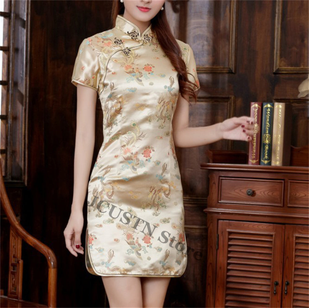 Short Cheongsams Sexy Girl Qiapo Improved Chinese Style Dress Gold Dragon Phoen image 6