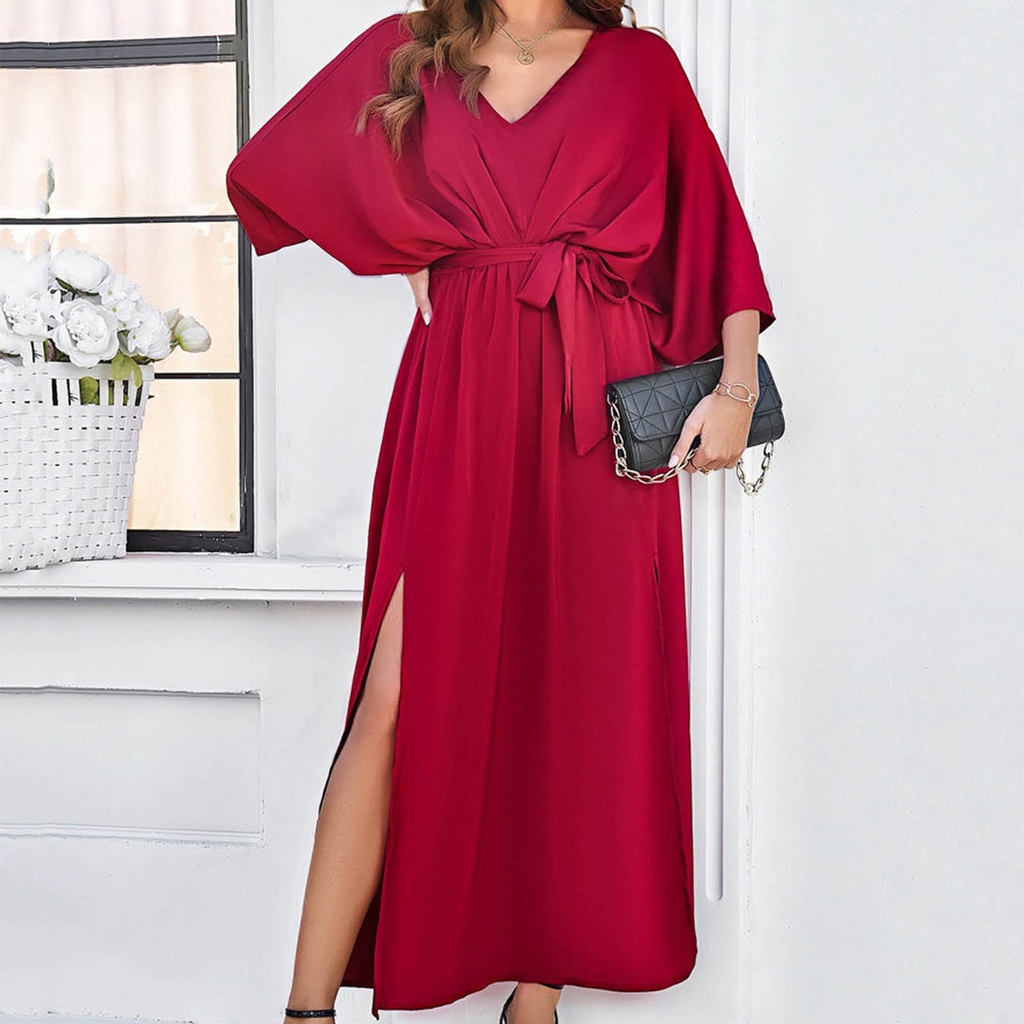 Temperament Women's Solid Color Slim Long Dress V Neck Half Sleeve Split Dresse image 3