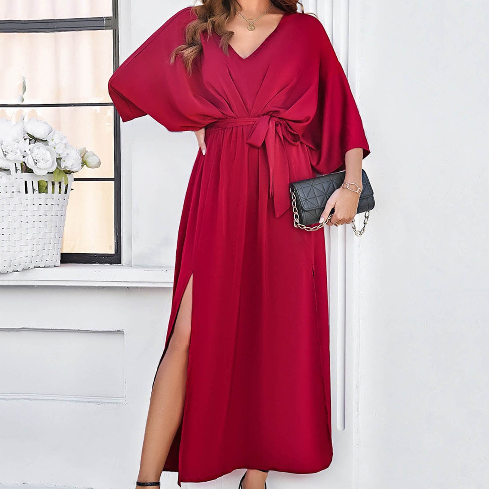 Temperament Women's Solid Color Slim Long Dress V Neck Half Sleeve Split Dresse image 3