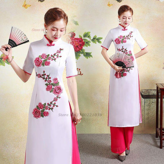 2024 traditional qipao dress cheongsam aodai vietnam aodai dress+pants set vint image 0
