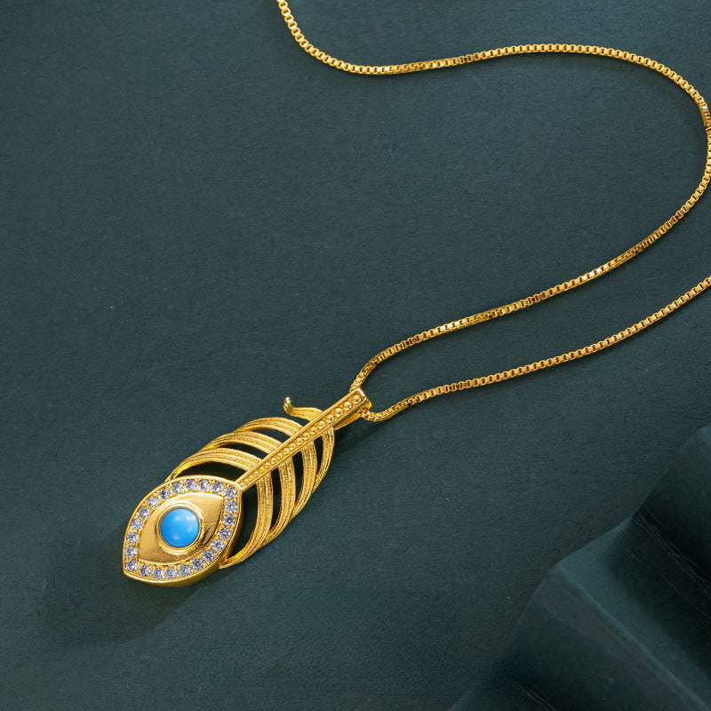 Elegant Real 14 K Gold Color Turquoise Feather Shape Necklace Chain for Women V image 1