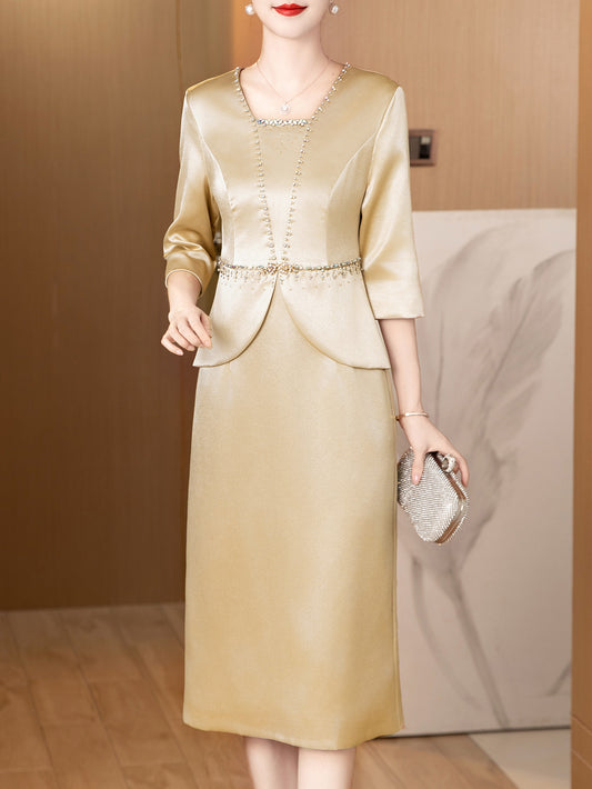 Elegant champagne dress wedding banquet three-quarter sleeve dress for women sl image 0