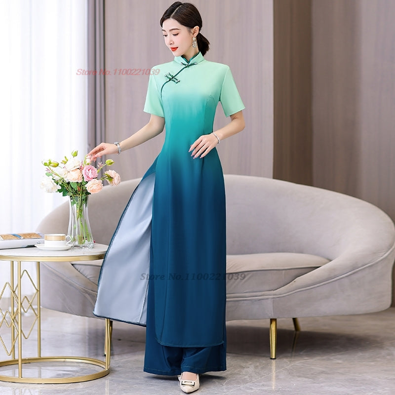 2024 vietnam aodai dress cheongsam national gradient color dress+pants set impr image 1