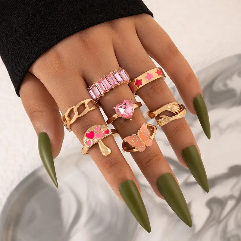 Colorful Crystal Snake Shape Ring Set For Women Fashion Butterfly Heart Gold Co image 13