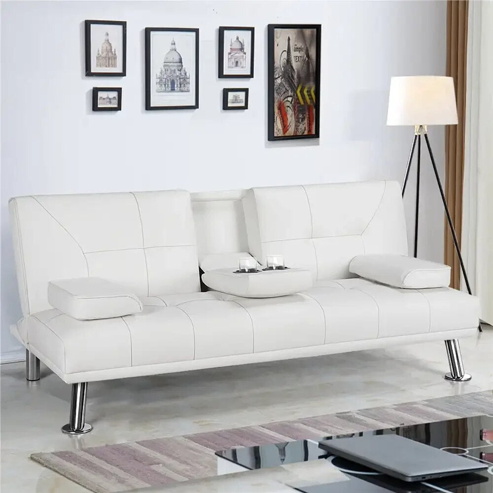 Modern Faux Leather Futon with Cupholders and Pillows image 4