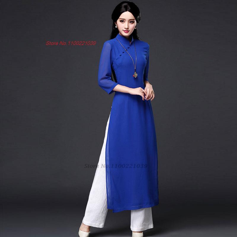2024 traditional folk style aodai dress+pants set vietnam chiffon aodai elegant image 14