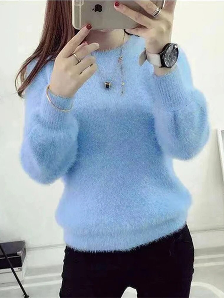 Winter Imitate Mink Wool Hot Fleecing Female Casual Sweater O-neck Long Puff Pi image 7