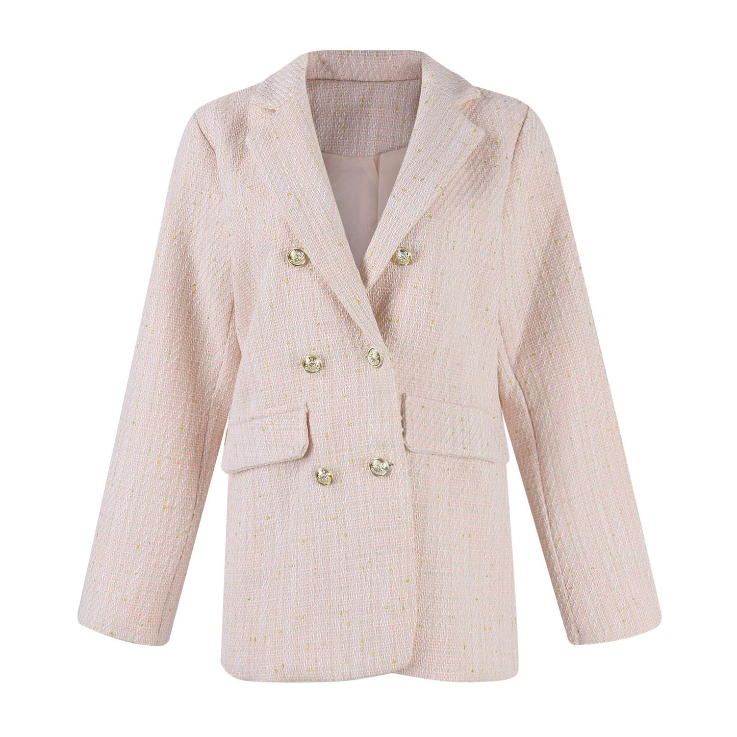 Women Fashion Tweed Double Breasted Blazer Coat Vintage Long Sleeve Flap Pocket image 4