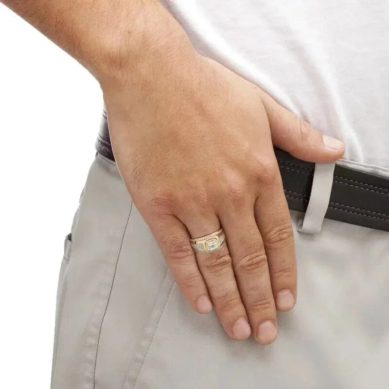 Classic Men's Ring Gold Plated Color Domineering Square Cut White Zircon Weddin image 2